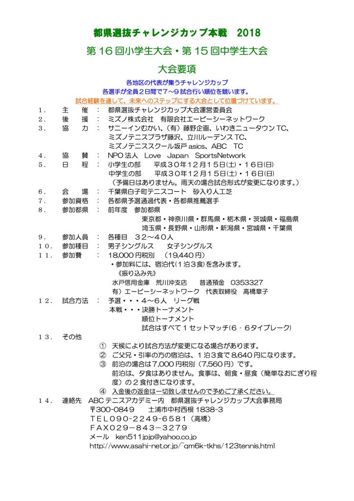 都県選抜チャレンジカップ2018 第16回小学生大会 第15回中学生大会